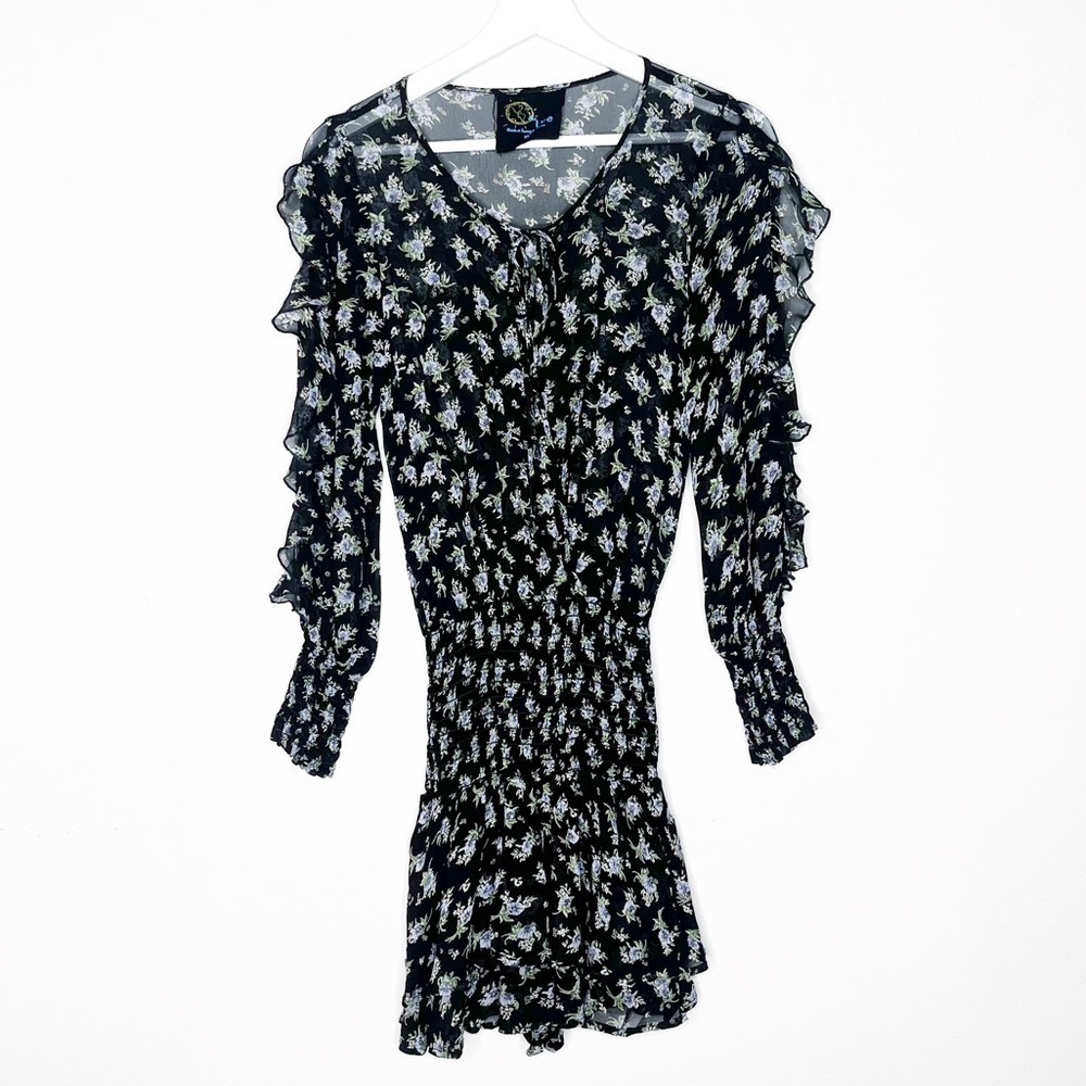 Blue Life Black Smocked Ruffle Sleeve Floral Romper Mini Dress
